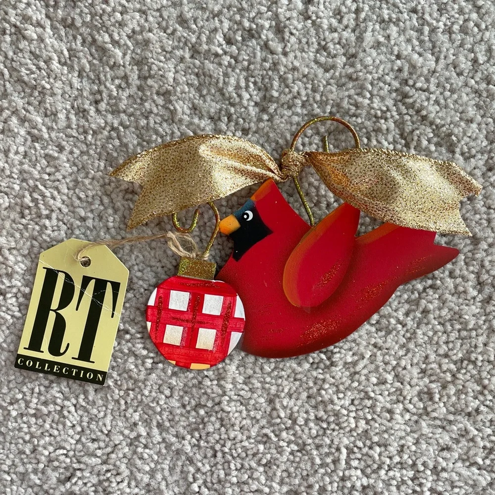 The Round Top Collection RT Red Cardinal Glitter Gold Bow Metal Ornament